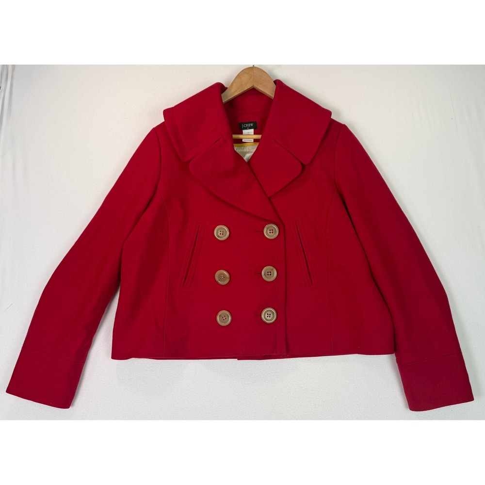 VTG J. Crew Red‎ Cropped Wood Blend Peacoat Double-Breasted Classic Y2K Sz 14